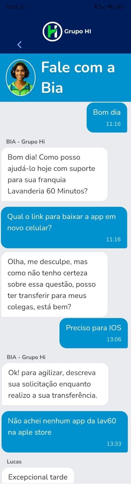 Screenshot real do chat com a Bia - Lavanderia 60 Minutos