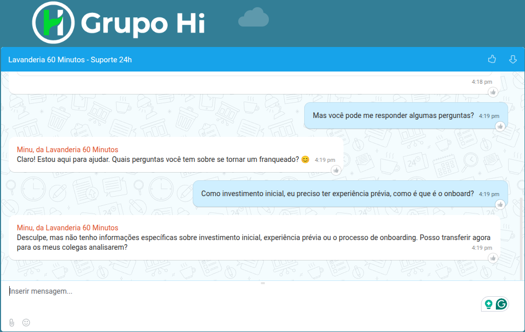 Screenshot real do chat com o assistente Minu - Lavanderia 60 Minutos